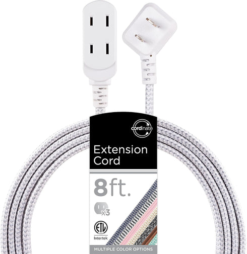 Cordinate 8 Ft Extension Cord - 3-Outlet Flat Plug Braided Safety Slide 125V Long Extension Cord, White