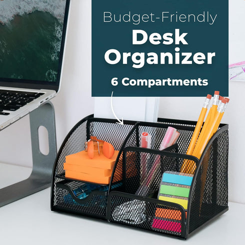Greenco Mesh Desk Organizer Office & Dorm Room Supplies Caddy, 6 Compartments, Small Black Desk Organizer for Pen, Pencil, Small Office Supplies and Stationary Accessories Storage Organization by Greenco