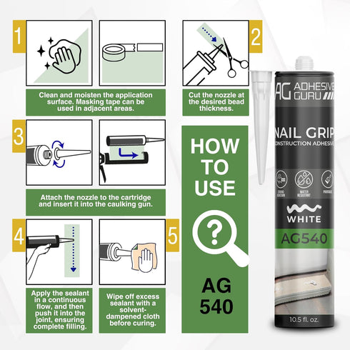 Adhesive Guru Nail Grip Construction Adhesive 10.5 fl oz, Heavy Duty Repair Sealant for Wood, Tiles, Concrete, Baseboards, Waterproof Paintable Caulk, Weatherproof, White- 1 Pack