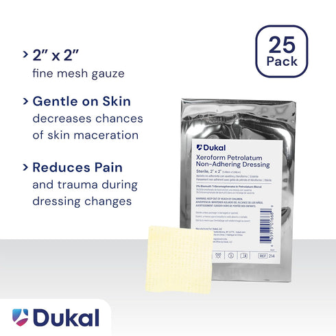 Dukal 214 Xeroform Petrolatum Gauze, Sterile, 2" W x 2" L, 25 Count (Pack of 1)