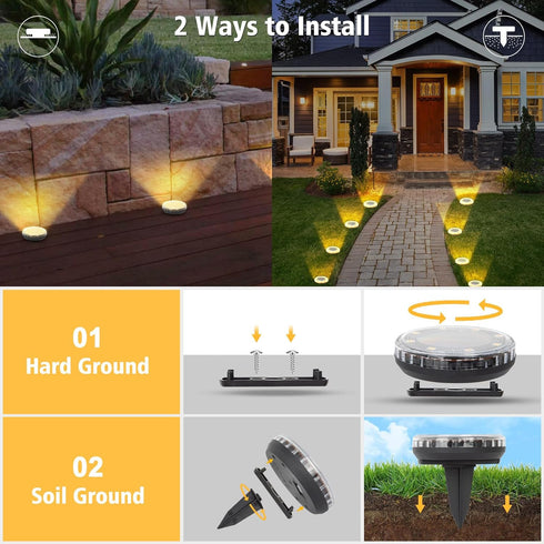 8 Pack 8 IP65 Solar Ground Lights Outdoor, LED Solar Disk Lights, Waterproof Long Lasting Flat Light for Garden Pathway