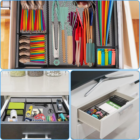 Desk Drawer Organizer Tray, Adjustable 6 Grid Metal Mesh Storage Box for Office, Home, School Supplies, 12.6X9X1.9