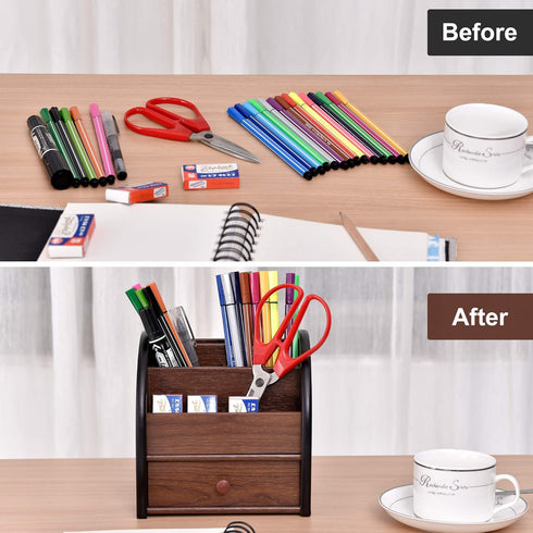 Wooden Desk Organizer with Drawer, Multifunctional Storage for Remote Control, Office Supplies