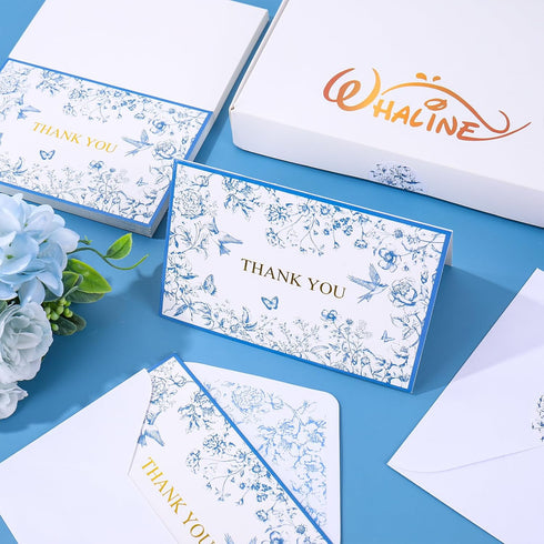 50 Pack Whaline Blue Floral Gold Foil Thank You Cards Boxed Greeting Cards with Envelopes Stickers Vintage Flower Bird