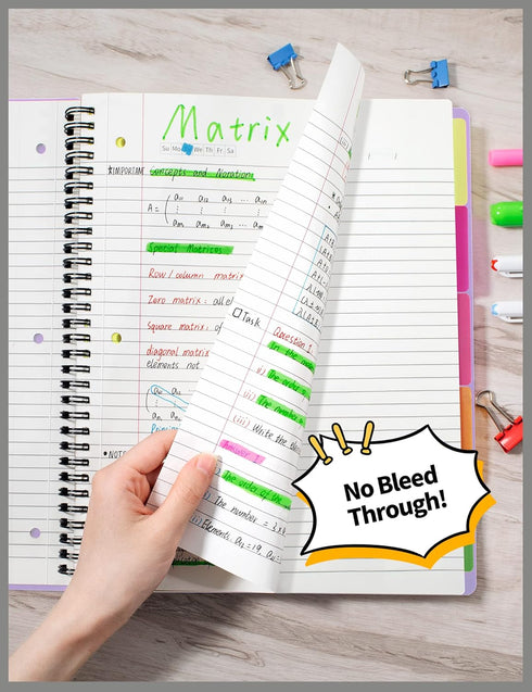 SUNEE 5 Subject Notebook College Ruled - 300 Pages, 8.2"x10.8", 5 Pocket Colored Dividers, 3-Hole Punched Paper