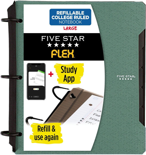 Five Star Flex Refillable Notebook + Study App, College Ruled, 1 Inch TechLock Rings, Seaglass Green (29328AQ8)