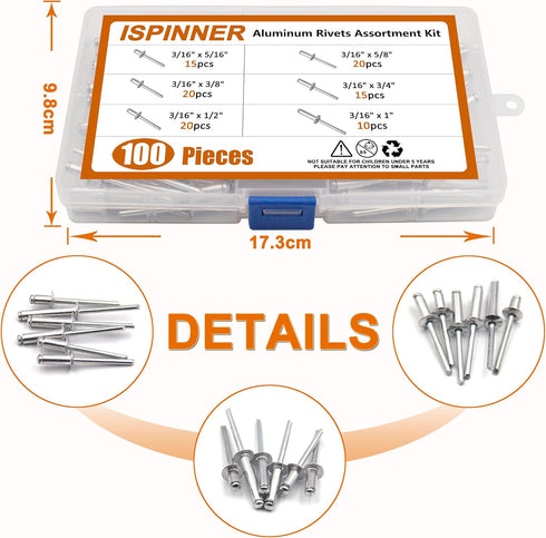 ISPINNER 100pcs Aluminum Blind Rivets Assortment Kit, 6 Sizes, 3/16" x (5/16" 3/8" 1/2" 5/8" 3/4") Silver