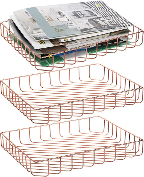 Okllen 3 Pack Wire File Tray, Rose Gold Paper Tray Desk Letter Tray for Office, Large Documents Storage Basket Organizer