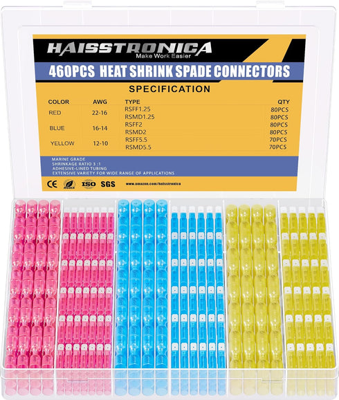 haisstronica 460PCS Heat Shrink Spade Connectors, AWG 22-10 Female and Male Quick Disconnect Spade Terminals