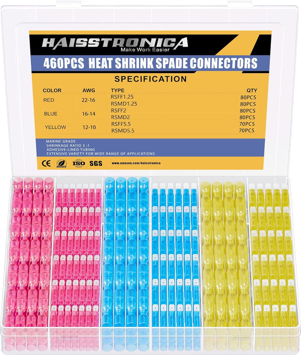 haisstronica 460PCS Heat Shrink Spade Connectors, AWG 22-10 Female and Male Quick Disconnect Spade Terminals