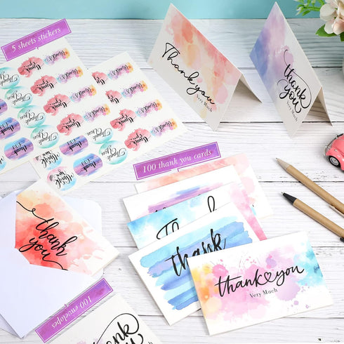 Faccito 100 Watercolor Thank You Cards with Envelopes and Stickers, Baby Shower, Graduation, Birthday, Wedding, Thank