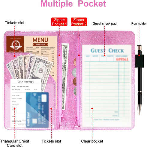 2 Server Books with Zipper Pouch for Waitress, Waitress/Waiter Book Organizer, Guest Check Leather Book Holder Money