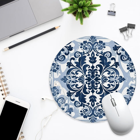 BILLAION 7.9x7.9 Inch Vintage Navy Blue and White Floral Mouse Pad for Desk, Classical Baroque Art Nouveau Flower