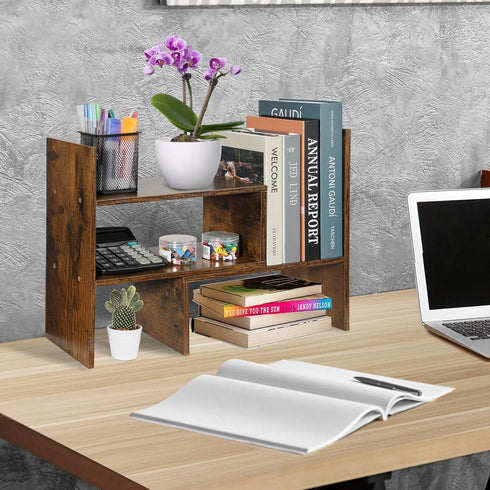 Expandable Wood Desktop Bookshelf Organizer, Office Storage Rack, Natural Stand for Supplies and Display