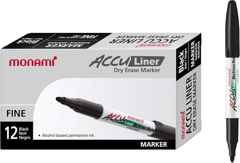 MONAMI Accu Liner Dry Erase Markers, Fine Tip (1.5mm), Low-Odor Black Whiteboard Markers, 12-Count