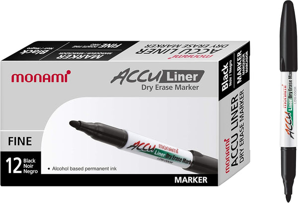 MONAMI Accu Liner Dry Erase Markers, Fine Tip (1.5mm), Low-Odor Black Whiteboard Markers, 12-Count