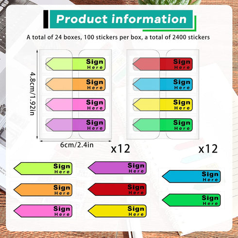 Tatuo 2400 Pcs Sign Here Tabs Sign Here Stickers Sign Here Flags Sign Here Sign Date Tabs 8 Colors with Dispenser Arrow Flag Easy to Post for Notary Books Paper