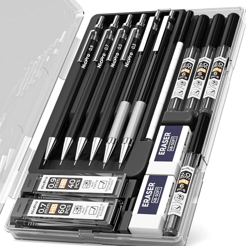 Nicpro 6 PCS Art Mechanical Pencil Set, Black Metal Drafting Pencils 0.3-0.9mm & 2PCS 2mm Graphite Lead Holder