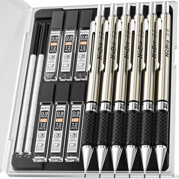 Nicpro 0.9 mm Art Mechanical Pencils Set in Gift Case, 6 PCS Metal Drafting Pencil with 6 Tube HB Lead Refills & 18 PCS