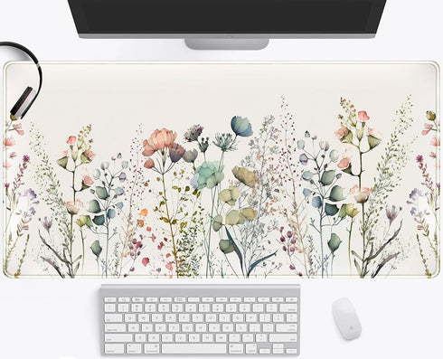 Floral Beige Boho Desk Mat, Large Extend Mouse Pad XXL, Cute Minimalist Flowers Keyboard Mat, Gift for Women