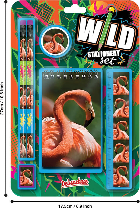 Deluxebase Wild Stationery Set - Flamingo School Supplies with 2 Pencils, Eraser, Sharpener, Ruler, Notebook