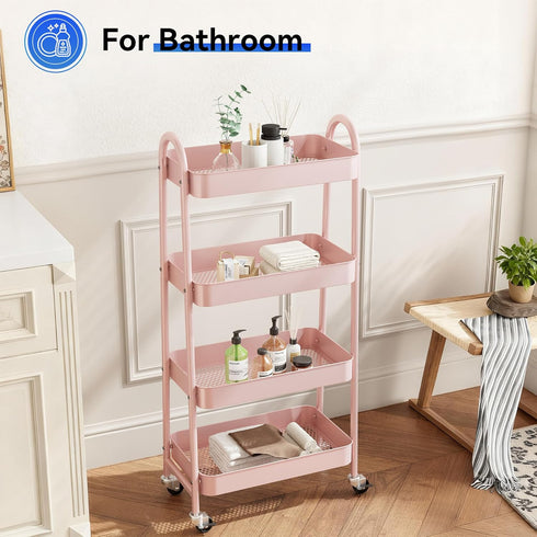 4-Shelf NEWBULIG Rolling Storage Cart, Metal Mobile Utility Organizer Shelf with Lockable Wheels, Space-Saving