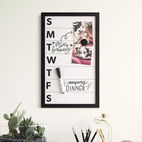 U Brands Framed Magnetic Weekly Calendar Dry Erase Board, Black Frame, with Marker, Magnet, 11” x 18”