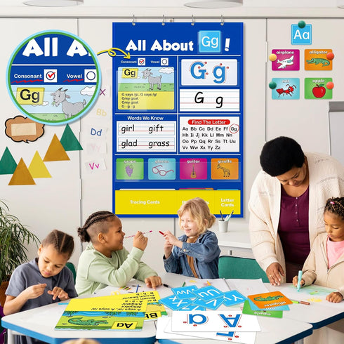 SkilLify Alphabet Learning Pocket Chart, Circle Time Learning Center Alphabet Flash Cards ABC Wall Chart Letter Game