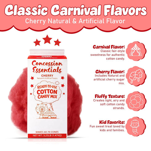 Perfectware 6070 3.25 lb Concession Essentials Cherry Cotton Candy Mix Ready-to-Use Floss Sugar for Cotton Candy