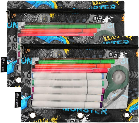 Monster Truck Tires Pencil Pouch for 3 Ring Binder Pencil Bags Binder Pocket with Clear Window & Zipper for Office Supplies Storage 2 Pack