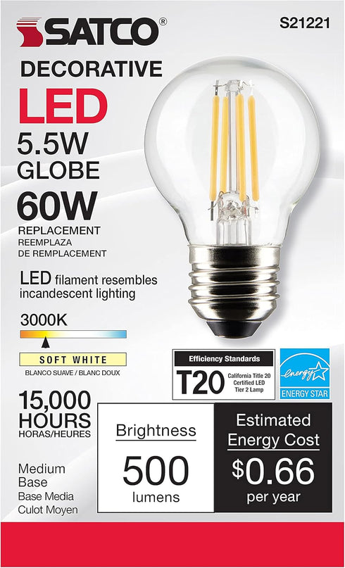Satco 21221-5.5G16.5/LED/CL/930/120V/E26 G16 Globe LED Light Bulb