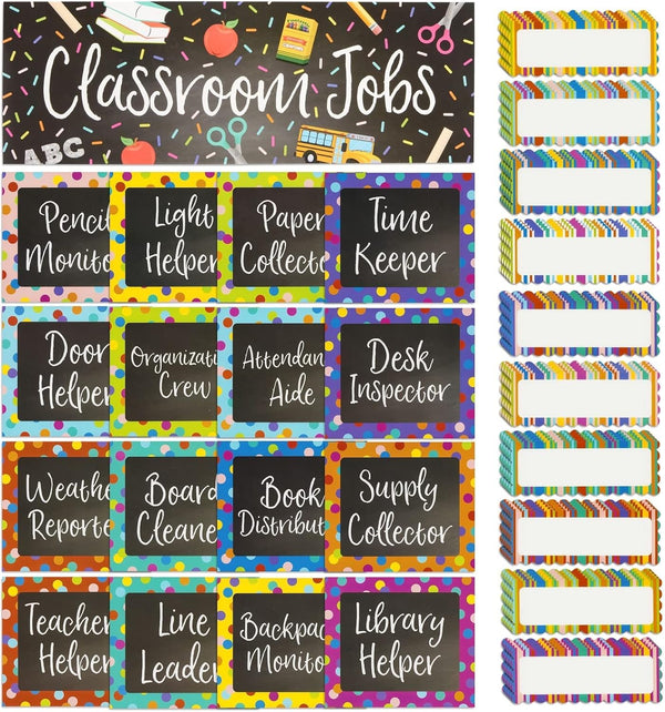 Juvale 67-Piece Bright Classroom Job Chart Set with Name Tags for Bulletin Board and Chalkboard Decorations
