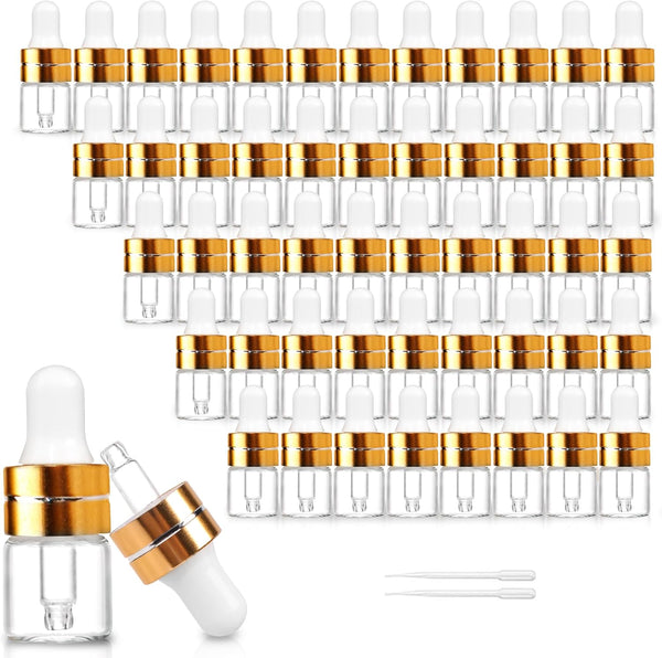 50 Pack 1ml Clear Glass Dropper Bottles, Mini Sample Bottles with 2 Pcs Plastic Droppers for Essential Oils