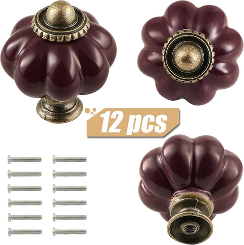 Deep Purple Ceramic Knobs, 12 Pack Pumpkin Cabinet Knobs, Vintage Drawer Pulls with Screws