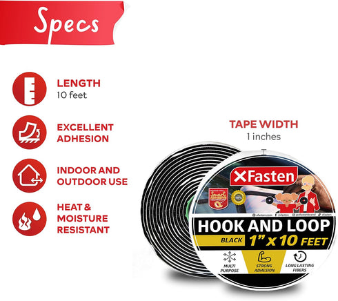 Hook and Loop Tape, Black, 1 inch x 10ft, Heavy Duty Industrial Strips with Adhesive