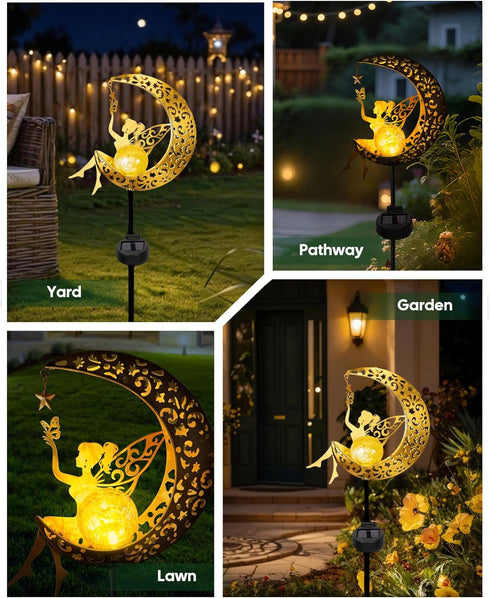 Vuees Solar Garden Statues Outdoor Decor, Fairy Moon Figurine Light Stake, Housewarming Ornament for Patio, Lawn, Yard