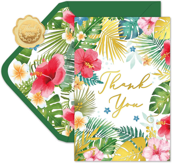 Whaline 50 Pcs Hawaiian Thank You Cards Tropical Flowers Leaves Greeting Cards