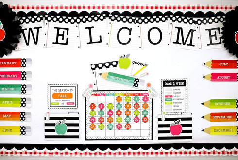 Schoolgirl Style Black, White and Stylish Welcome Bulletin Board Set, Inspirational Pennants, Colorful Tassels, Apple