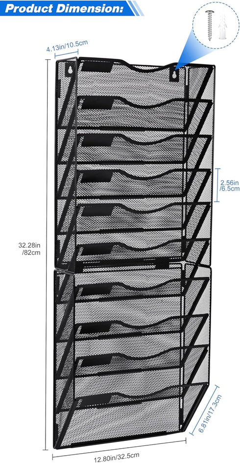 Wall File Holder, 10 Pockets Hanging Wall Organizer, Document and Mail Storage for Office, Black
