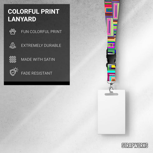 Print Lanyard - Satin Keychain Necklace with Side Release Buckle, ID Badge Holder, 1 Inch, Geo Squares