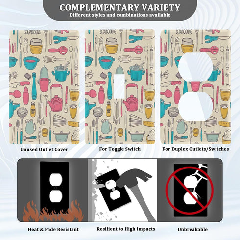 FLildon Kitchen Cookware Pattern Wall Plates, Duplex Outlet Covers, Toggle Light Switch Plates, Decorator Light Switch