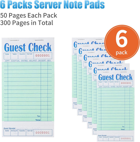 6 Pack 50 Sheets/Pack, 300 ZPARIK Guest Checks Books for Servers Server Note Pads, Waiter Checkbook, Waitress Notepad
