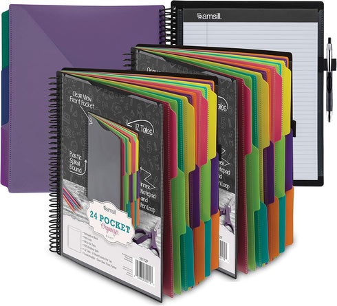 Samsill 2 Pack Deluxe 24 Pocket Spiral Project Organizer with Refillable Notepad and 12 Dividers in Fashion Colors