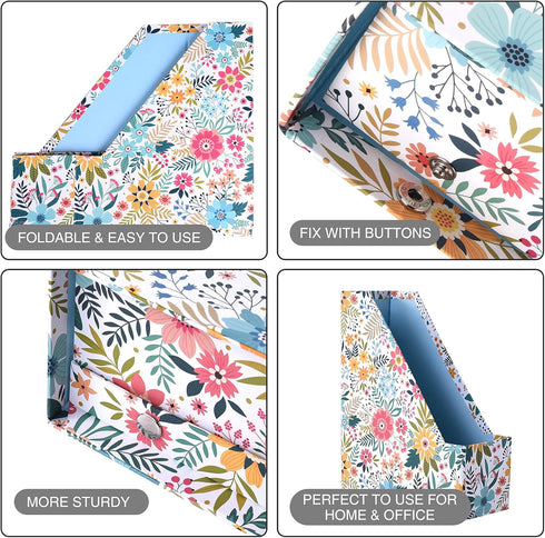 SUIN 4 Pack Foldable Magazine Holder, Seamless Floral Designed File-Boxes Desk File Organizer for Office, Home, School