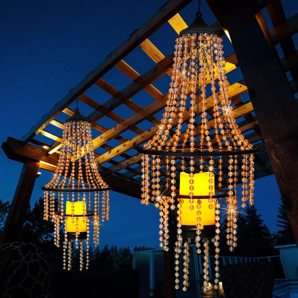 SUNNYPARK Hanging Candle Lantern Outdoor, 28 Battery Operated Modern Clear Acrylic Crystal Chandeliers