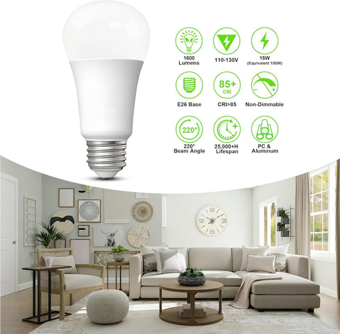 LED Light Bulbs Daylight 15W, 1600Lm 100W Equivalent, E26 Edison Screw Base, Super Bright 5000K (2 Pack)