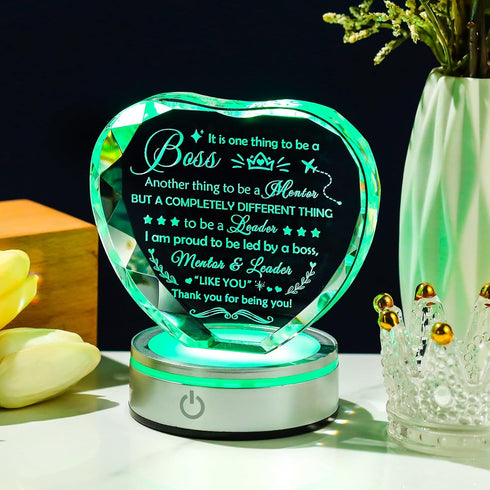 Enjinkail Laser Engraved Boss Appreciation Gifts for Men Women Heart Shape Crystal Plaque with LED Color-Changing Base