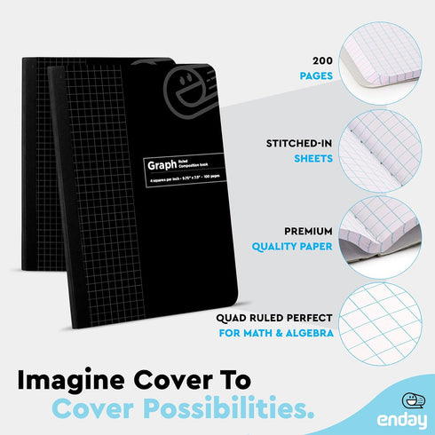 Enday Graph Paper Composition Notebook, Hard Cover, 100 Sheets, 4 Squares Per Inch, 2 Pack for School Journal and Office