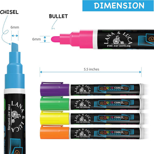LANA & LUCA 6mm (8 Pack) Liquid Chalk Markers for Blackboards - Bold Color Dry Erase Marker Pens - Chalkboards Signs