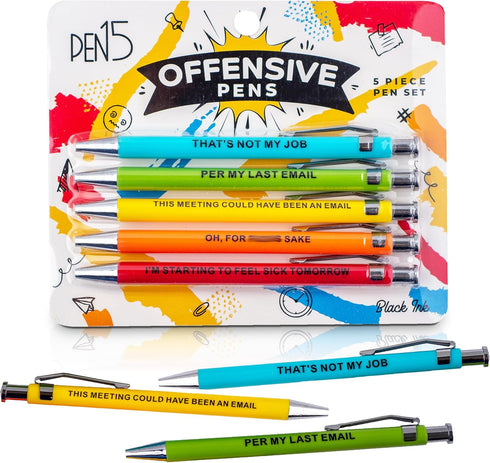 Funny Offensive Pens, 5 Piece Set of Snarky Ballpoint Pens with Funny Sayings for Adults, Office Gag Gift